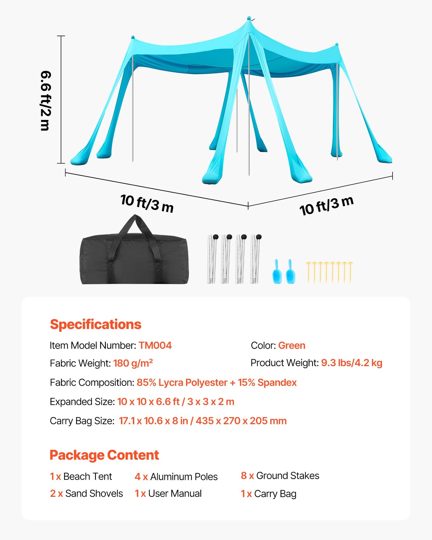 Portable Beach Tent Sun Shelter with UPF 50+ Shade, Sandbags & Support Poles