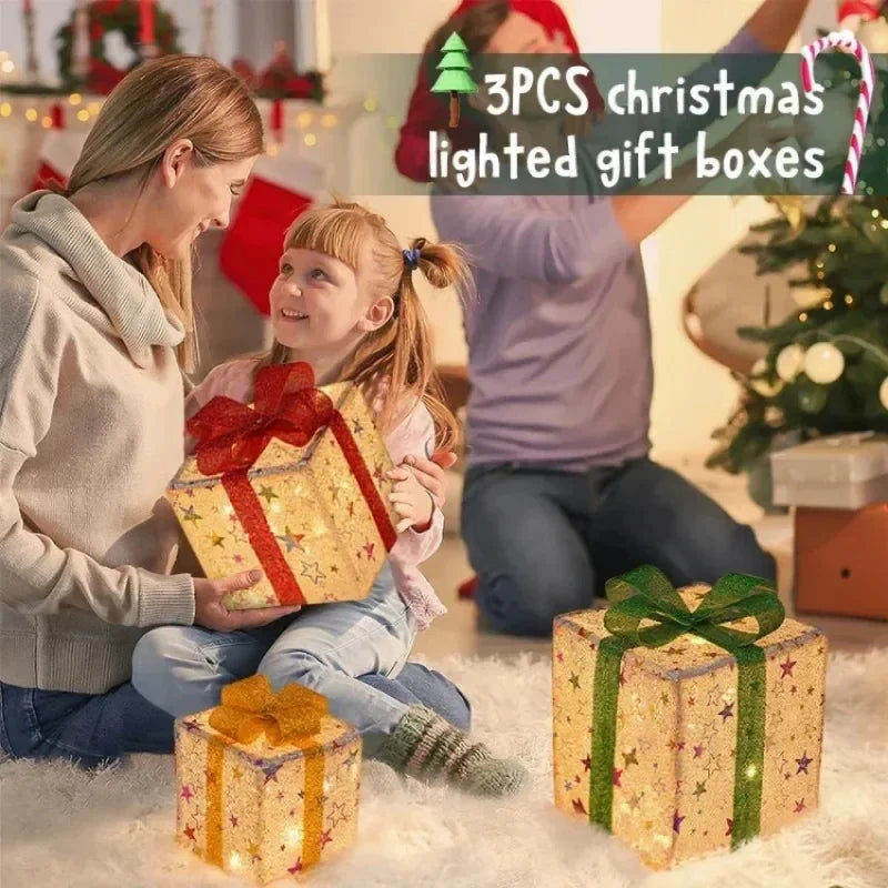 Lighted Christmas Gift Boxes Set of 3 with Remote & Bow Decor - Indoor Outdoor Holiday Decor