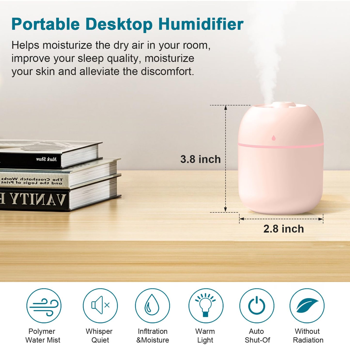 Portable Mini Humidifier 220ml Small Cool Mist USB Desktop for Bedroom Travel Office