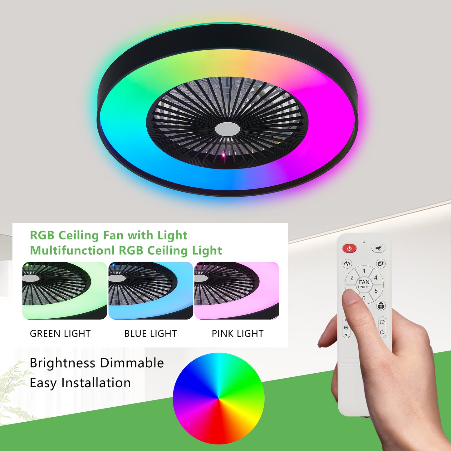 23-Inch Black Ceiling Fan Light with RGB LED & Remote Control