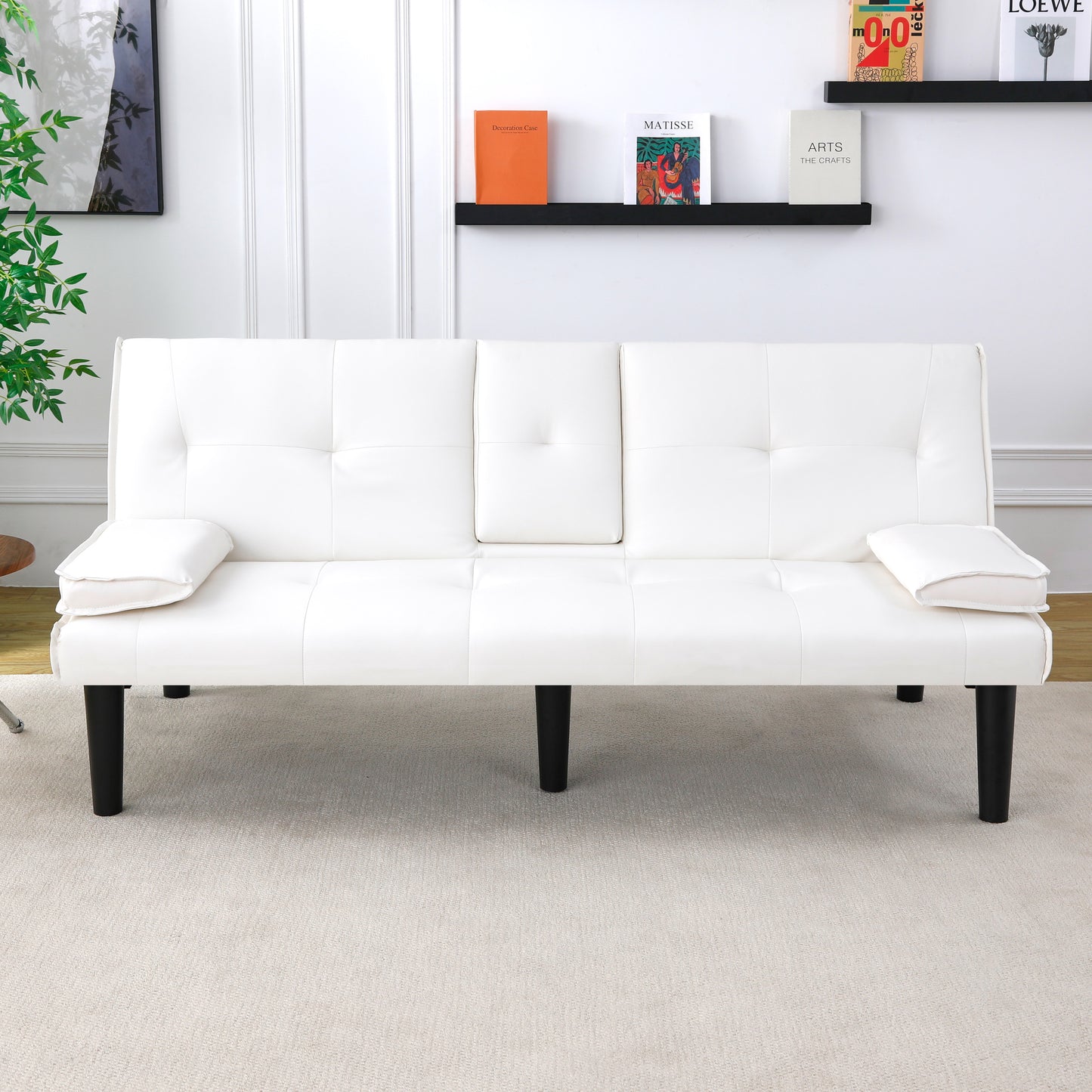 67-Inch White PVC Sofa Bed with Foldable Design & Cup Holder