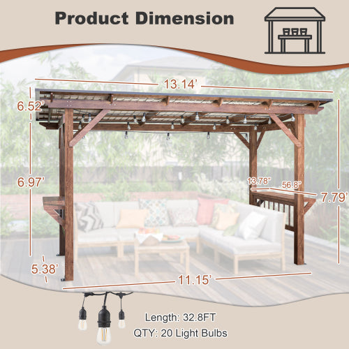 Wooden Pergola Grill Gazebo with Metal Roof, Bulbs & Bar Counters - 13x6.5 Feet