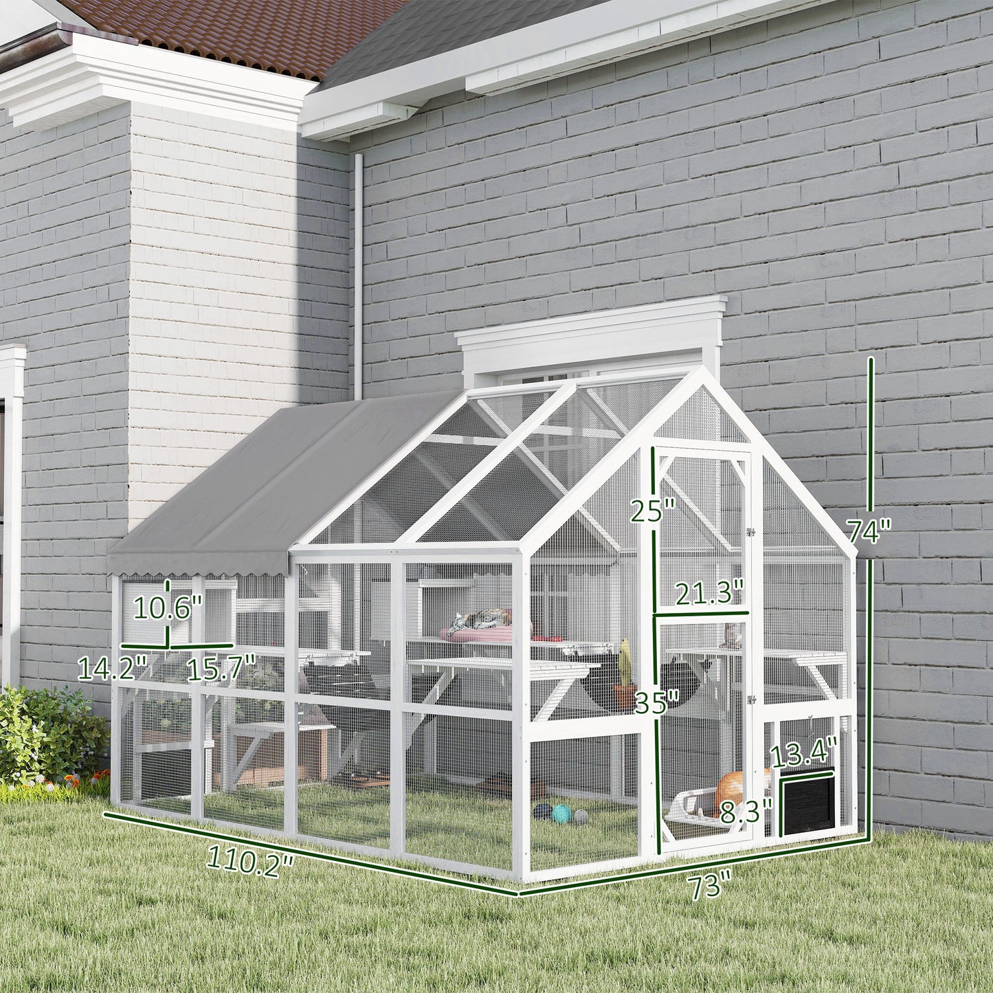 Outdoor Wooden Cat Enclosure with Waterproof Cover, 2 Condos & Platforms
