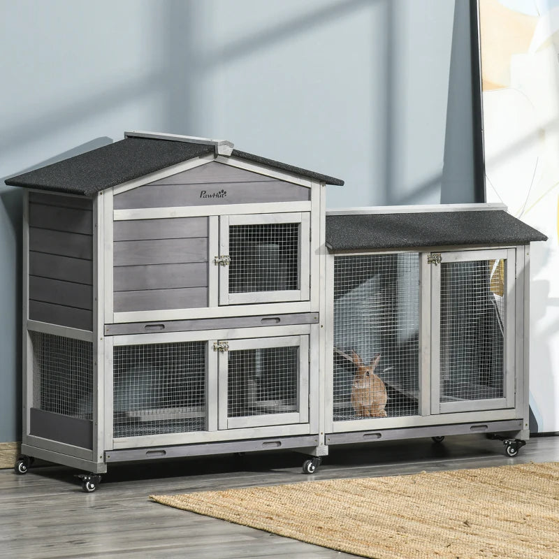 Outdoor Wooden Rabbit Hutch with Wheels, Run Box, Ramp & Slide-Out Tray