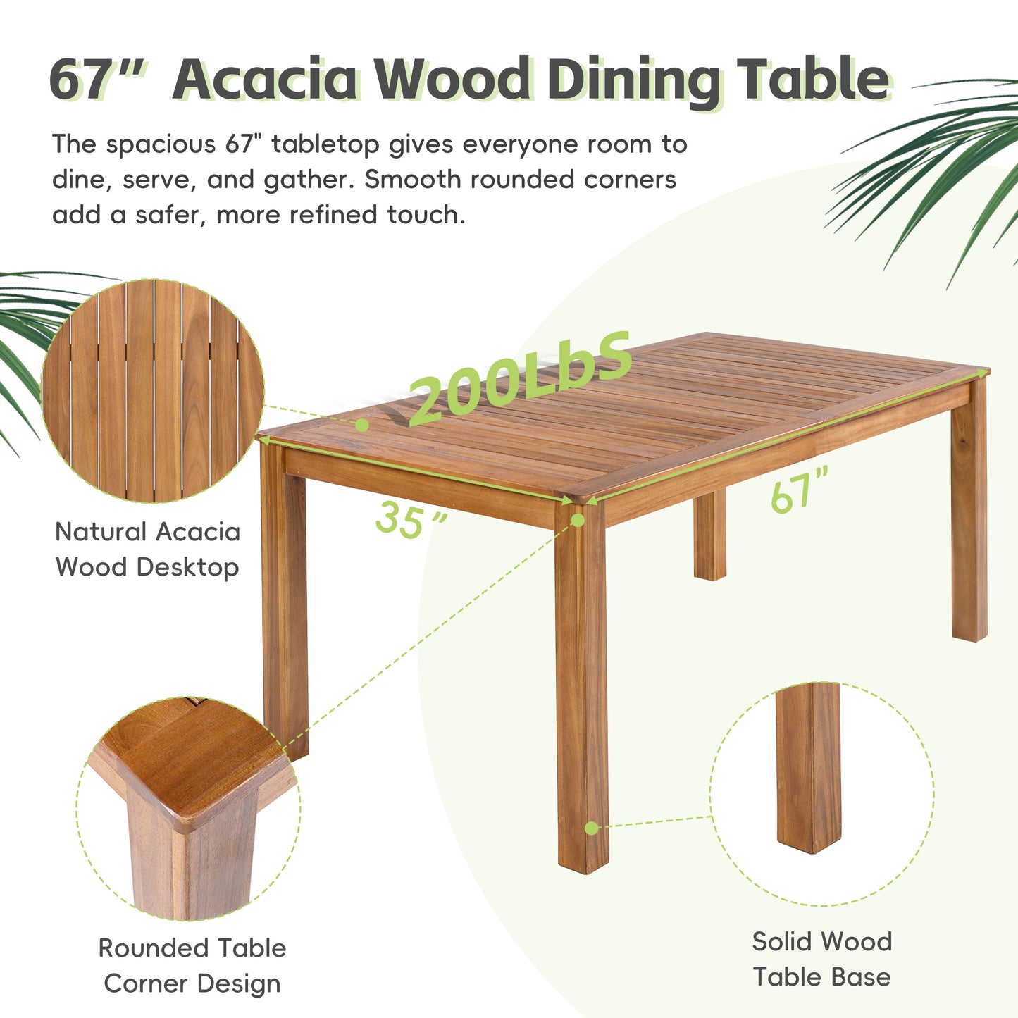 Outdoor 67" Rectangular Dining Table - Natural Acacia Wood