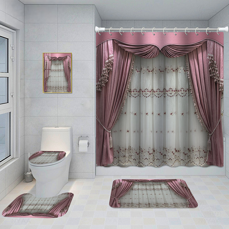 Bathroom 5-Piece Shower Curtain Set with Mat and Decorative Aluminum Frame