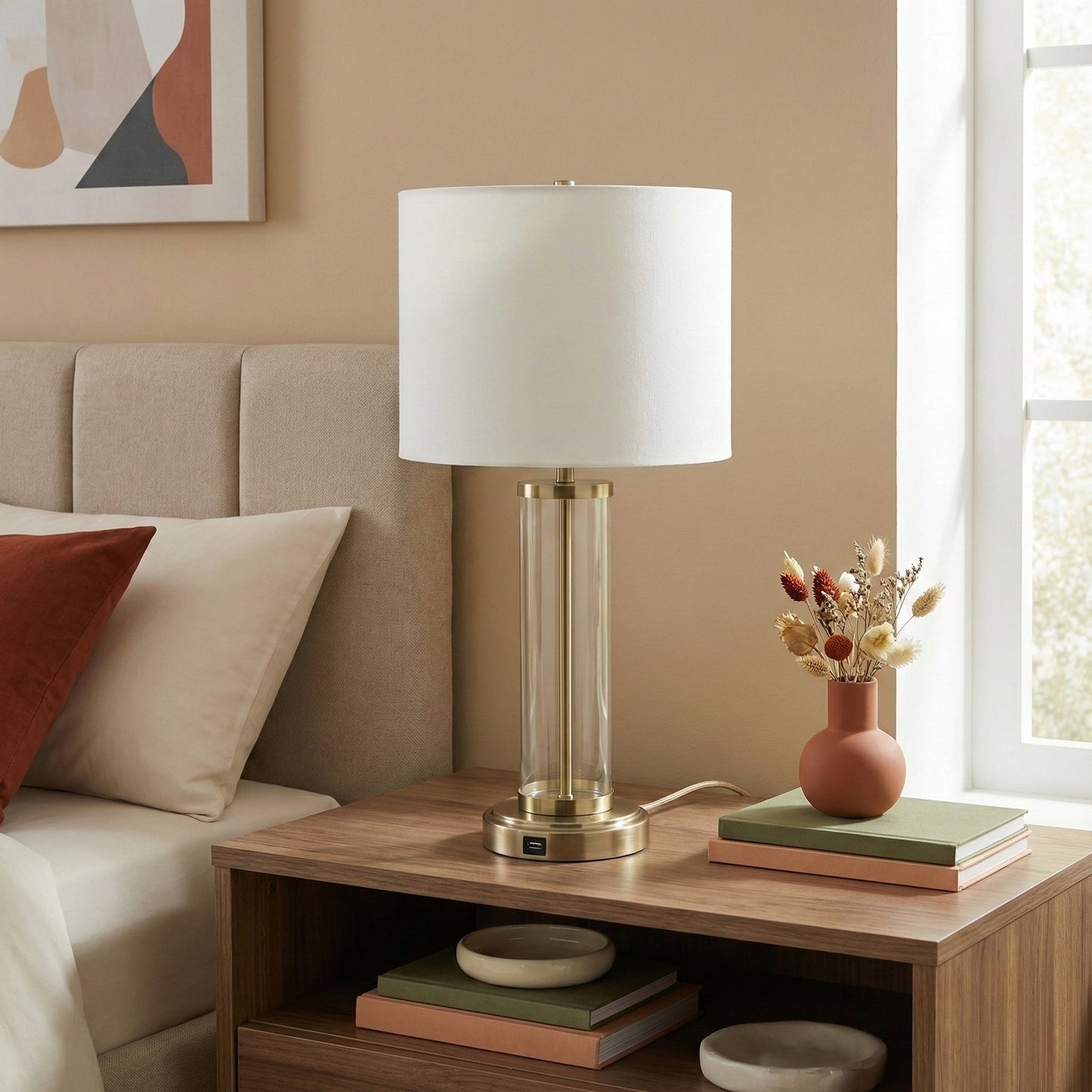 Luna Brushed Nickel Table Lamp With On Off Switch Clear Glass Body