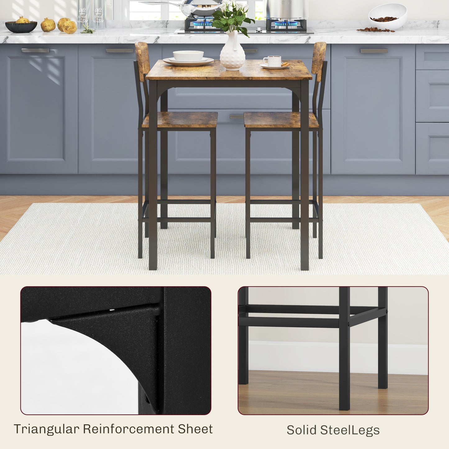 3-Piece Rustic Brown Dining Table Set with 2 Stools