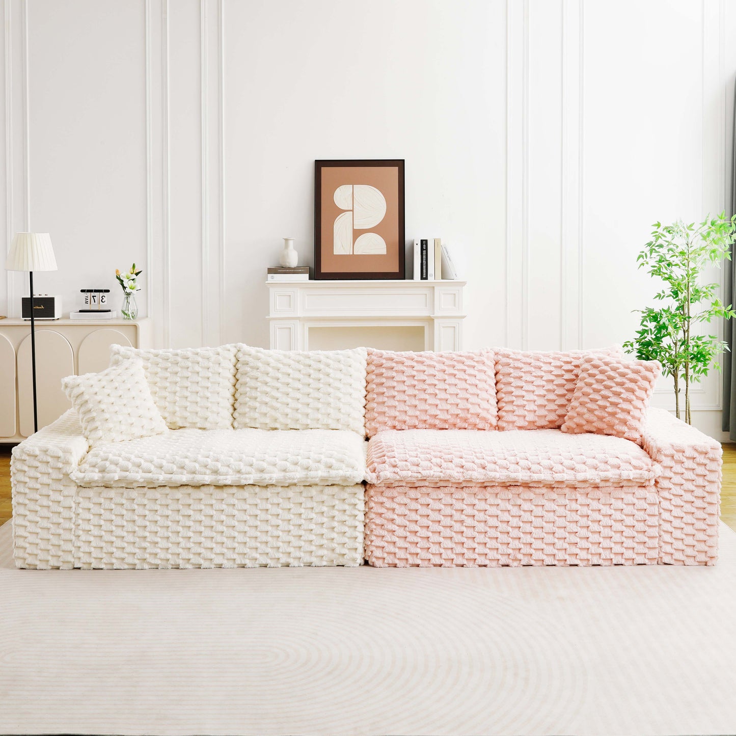 Luxury Pink & White Velvet Multifunctional Sofa - 4-Seater