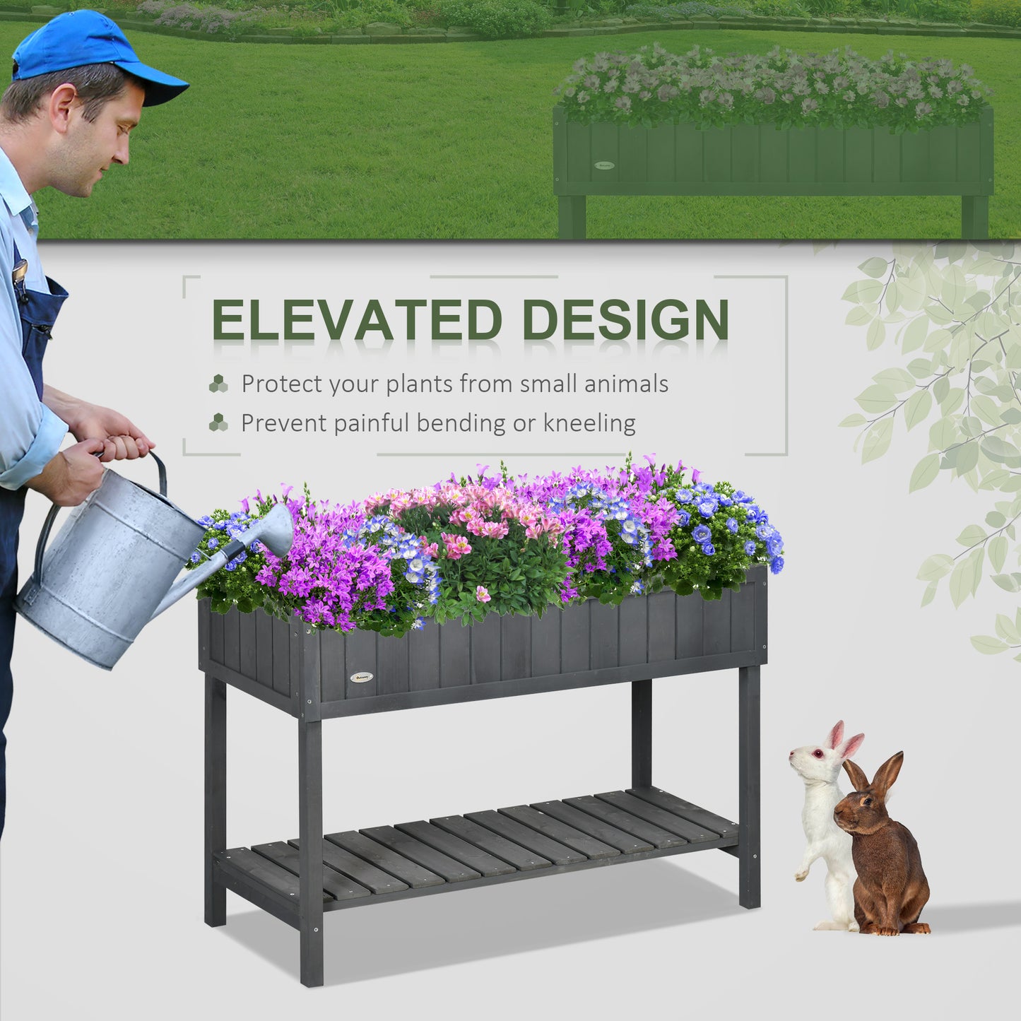 Wooden Raised Garden Bed with 8 Planter Boxes and Open Shelf - Dark Gray