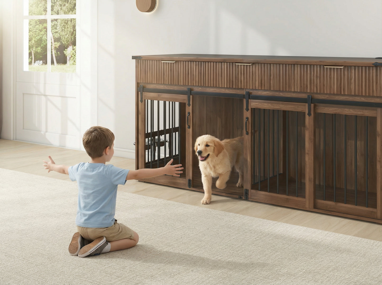 71 Furniture Style Double Dog Crate With 3 Fluted Drawers And
