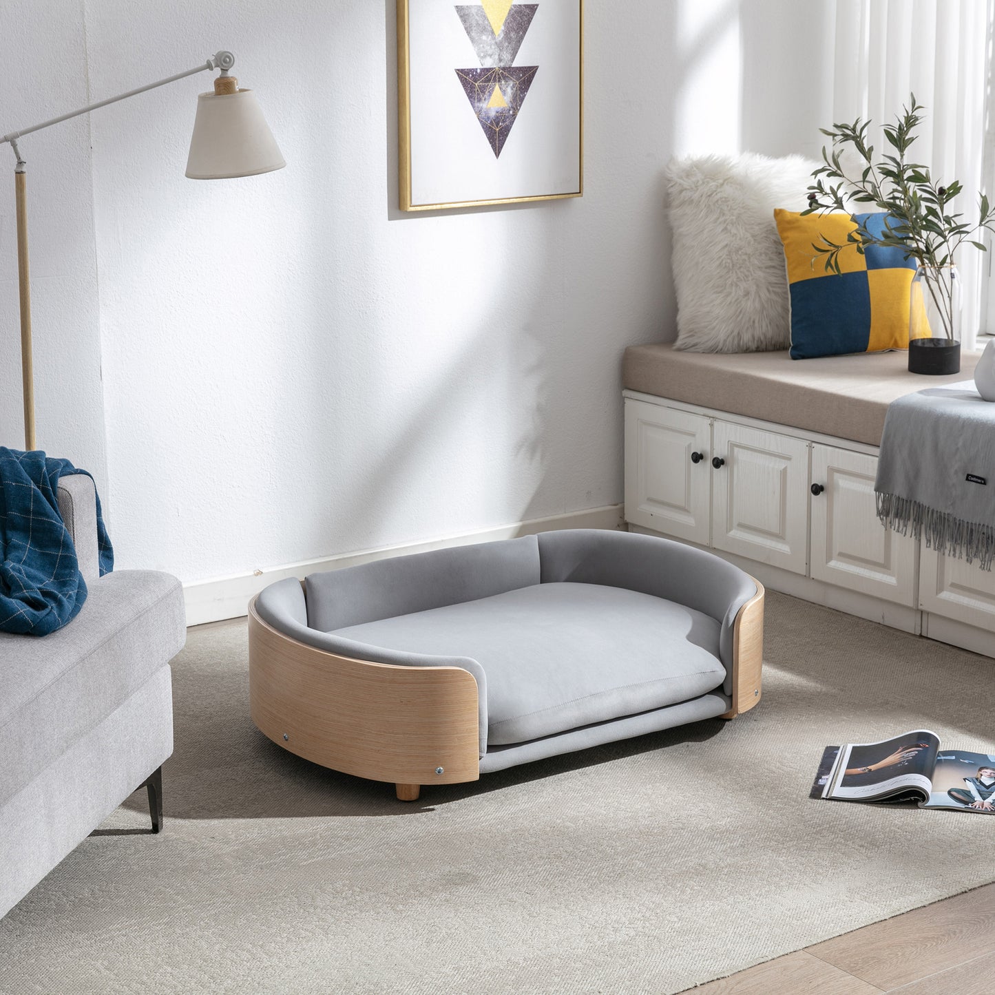 Large Scandinavian Style Elevated Dog Bed with Velvet Cushion and Solid Wood Legs