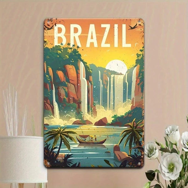 Vintage Iguazu Falls Metal Sign - Retro Brazilian Wall Art
