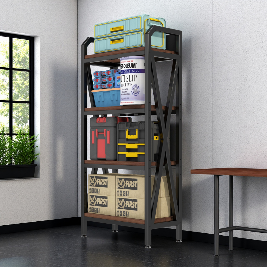 Black 56.3-Inch Metal & Wood Kitchen Storage Rack with 4 Adjustable Shelves