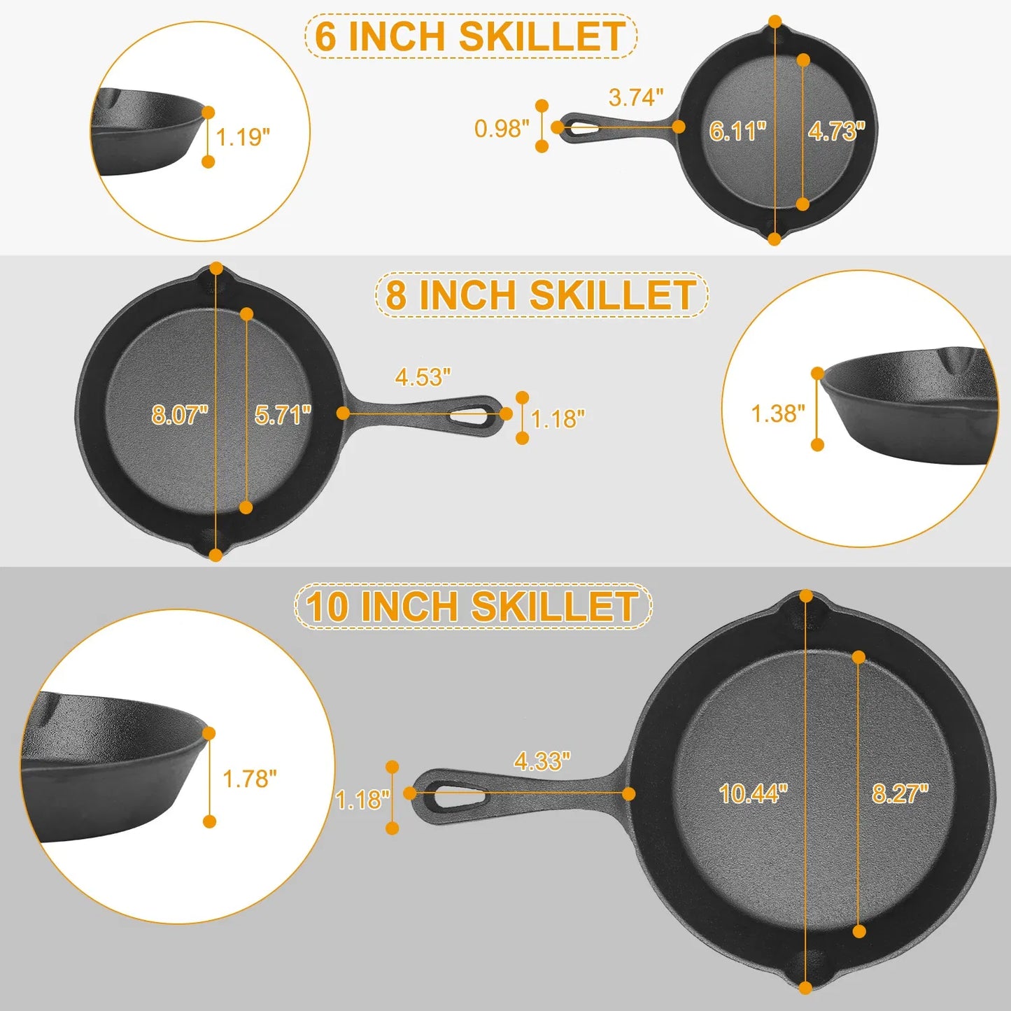 Cast Iron Skillet Set - 3 Pre-Seasoned Non-Stick Pans, 6-10 inch