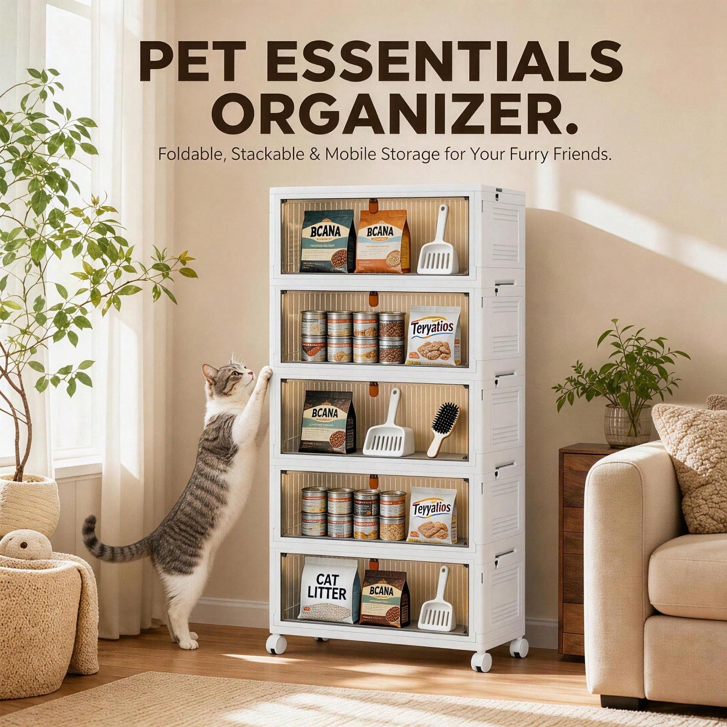 Foldable Stackable Pet Supplies Storage Bin With Wheels, Magnetic