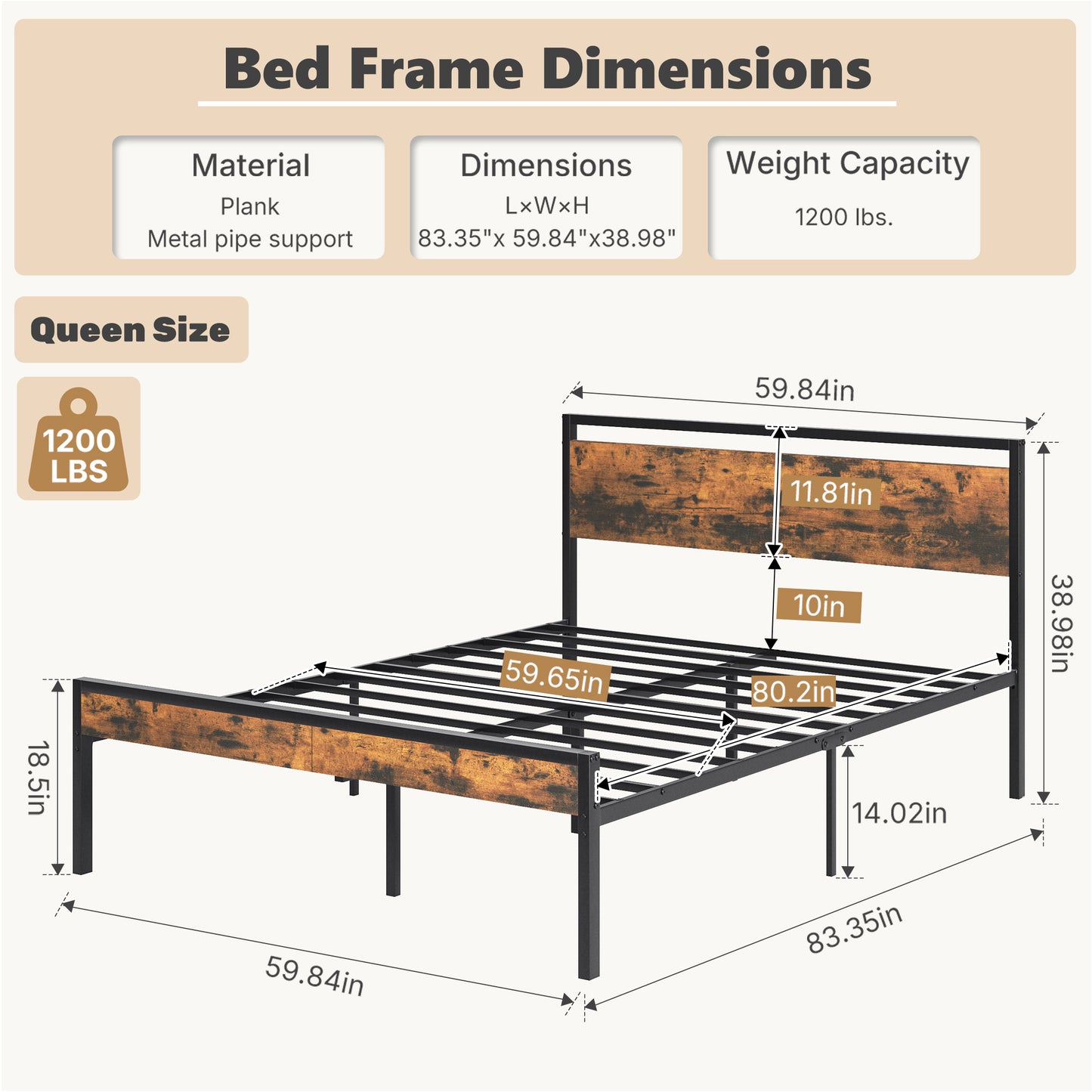 Heavy-Duty Metal Platform Bed with Wooden Headboard and Storage