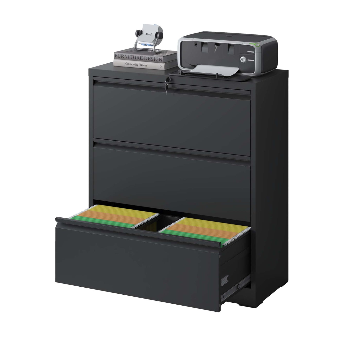 Lateral File Cabinet 3 Drawer, Black Filing With Lock, Lockable For