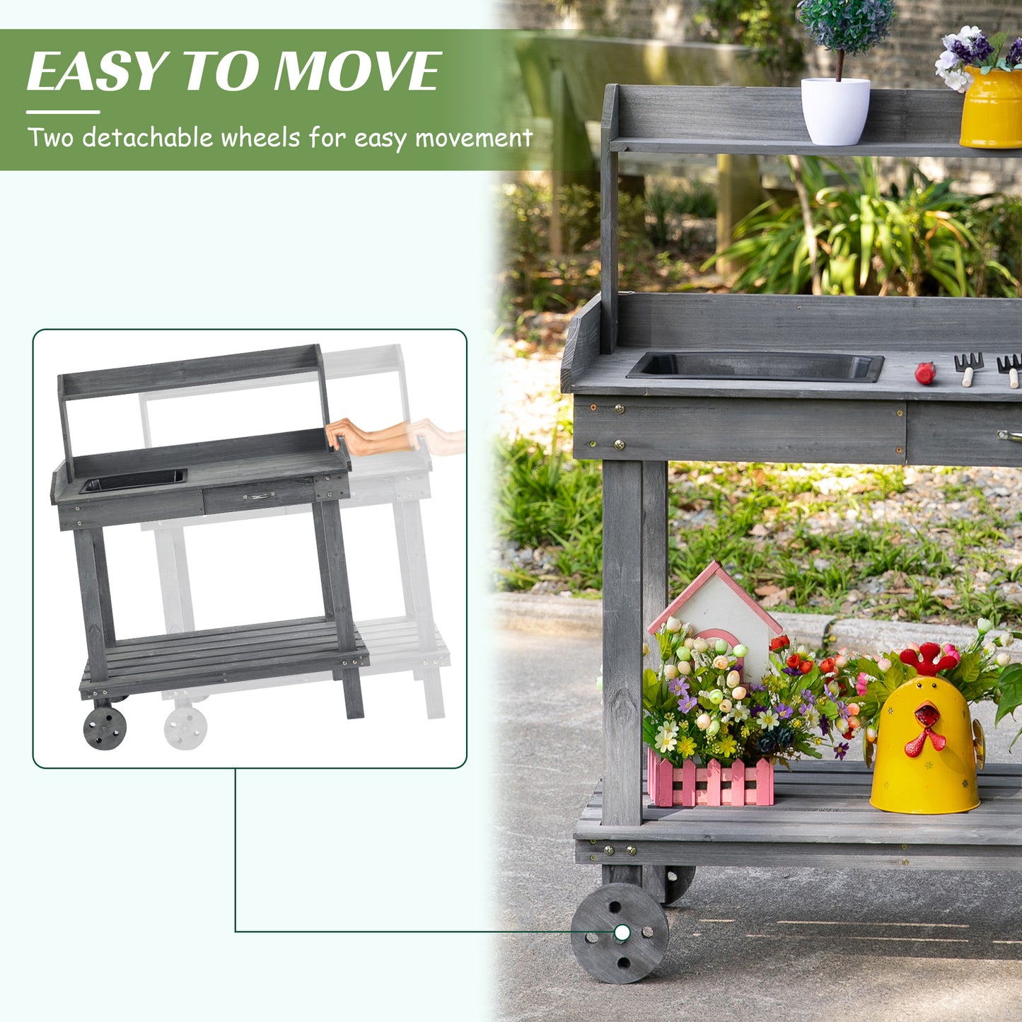 Wooden Potting Bench with Sink, Wheels, Drawer & Storage - Gray Garden Work Table