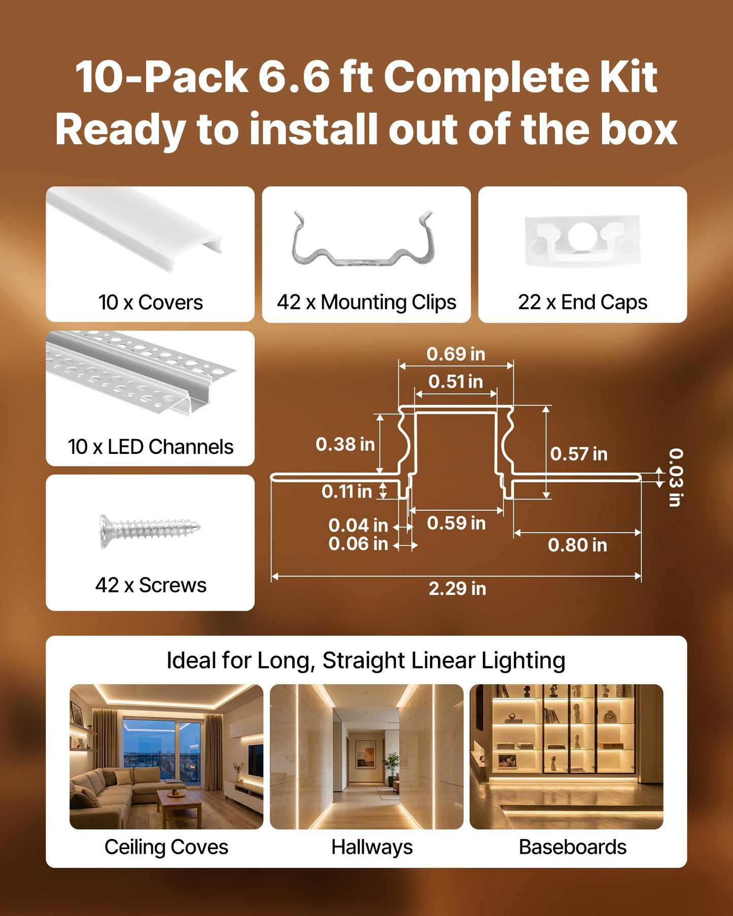 LED Aluminum Channel for Recessed Drywall Lighting - 10 Pack, Black
