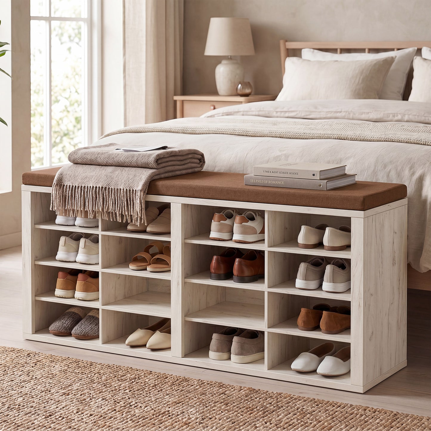 Shoe Storage Bench With Cushion 16 Cubby Rack Multifunctional