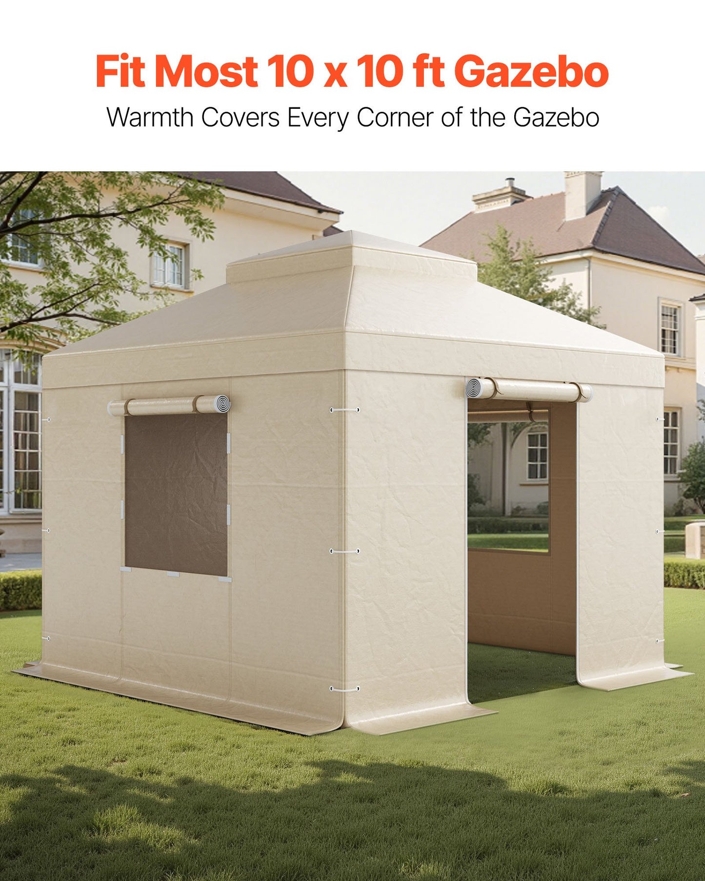 Winter Gazebo Cover for 10x10 Ft Double Roof Garden Gazebos Mesh with Windows - Beige