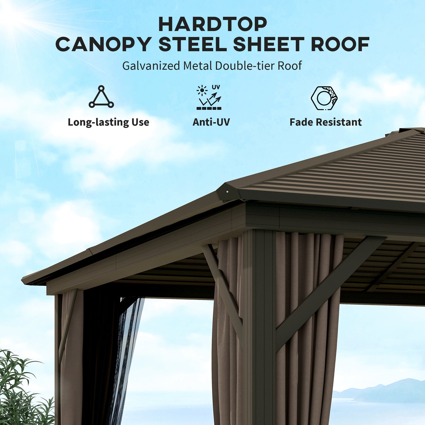 10x12 Hardtop Gazebo with Curtains & Netting - Coffee