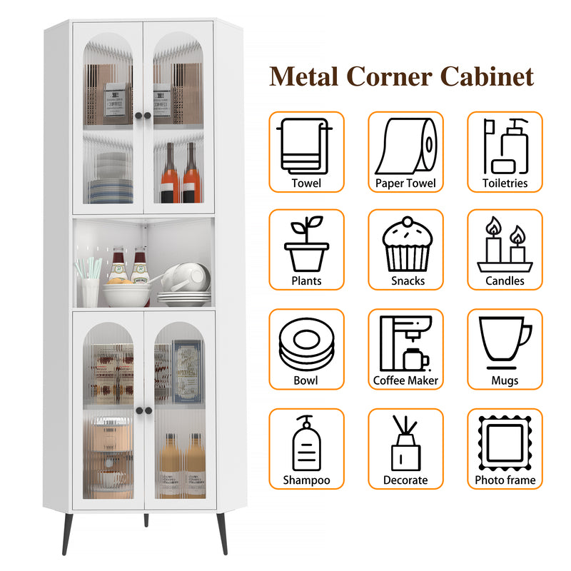 73in White Metal Corner Storage Cabinet with Adjustable Shelves