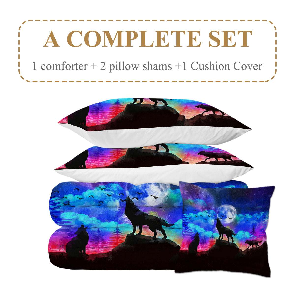 3D Wolf Comforter Set - 4 Piece Bedding Set in Purple & Blue