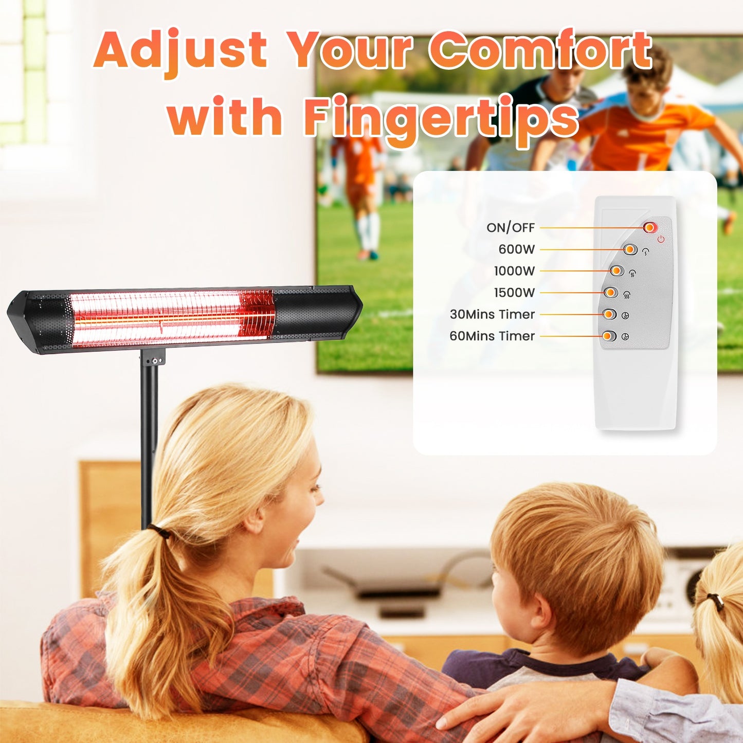 1500W Infrared Patio Heater with Stand and Wall Mount - Waterproof Outdoor Space Heater with Remote Control