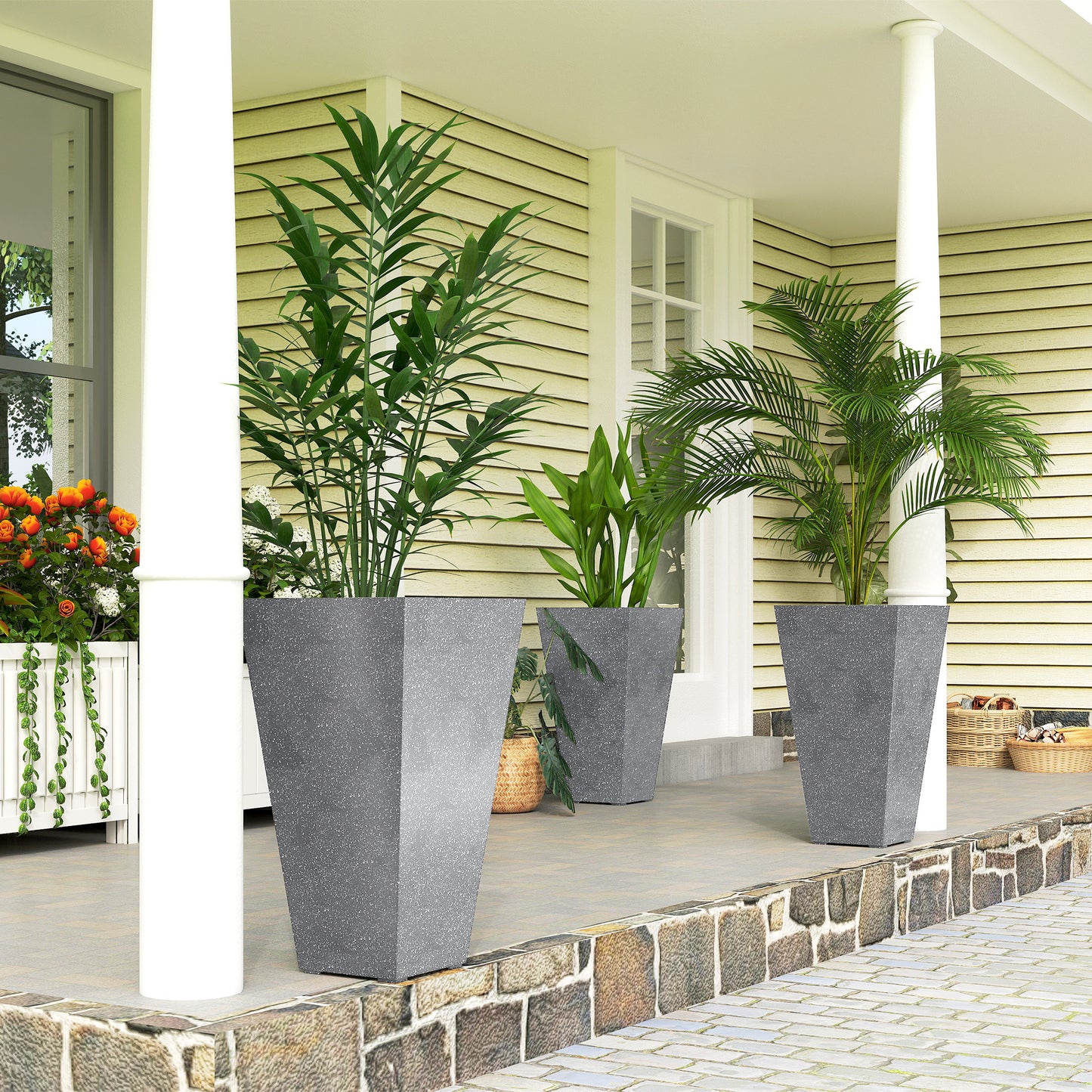 28-Inch Tall Plastic Planters Set of 3 with Marble Finish and Drainage Holes