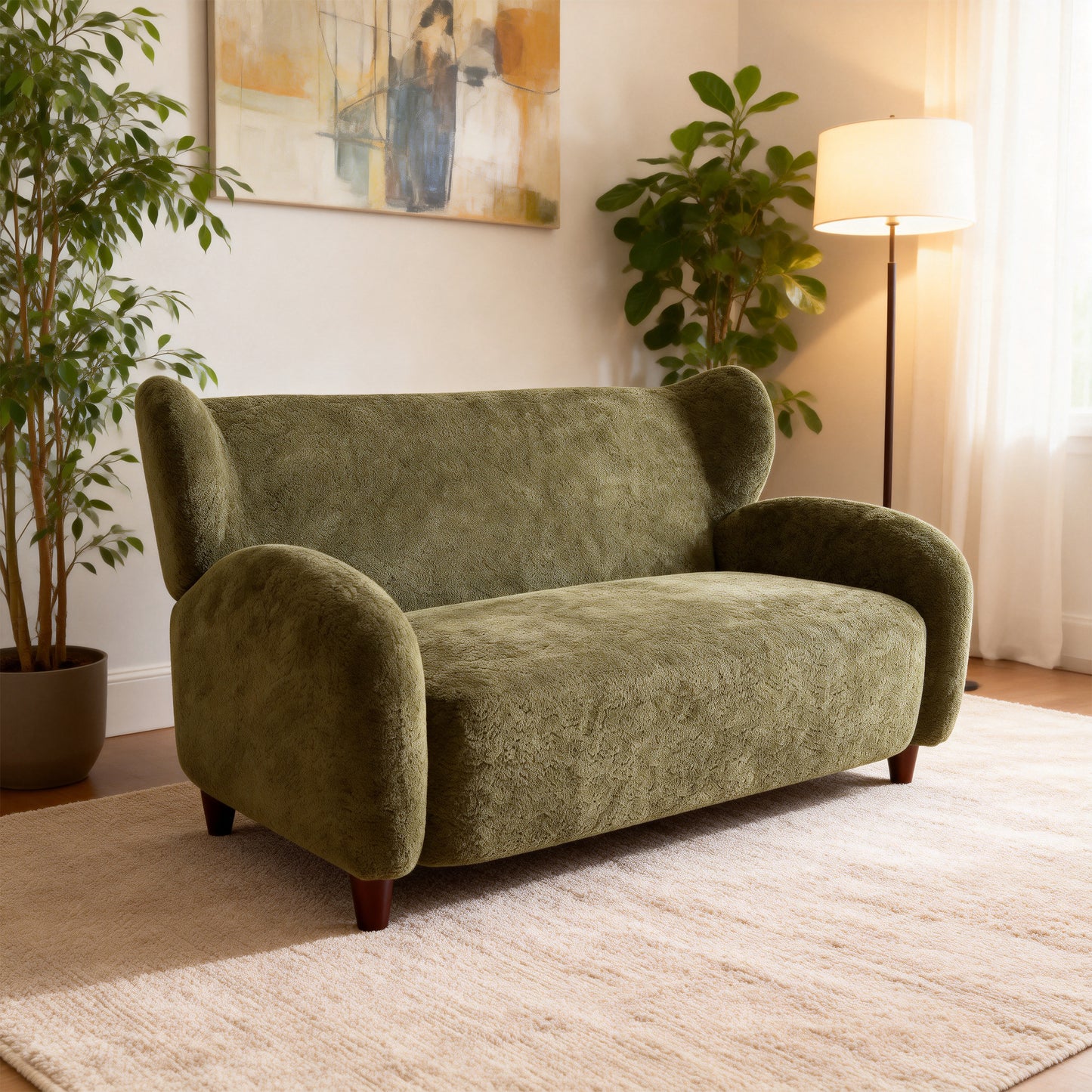 58-Inch Olive Green Chenille Fabric Loveseat with Curved Backrest