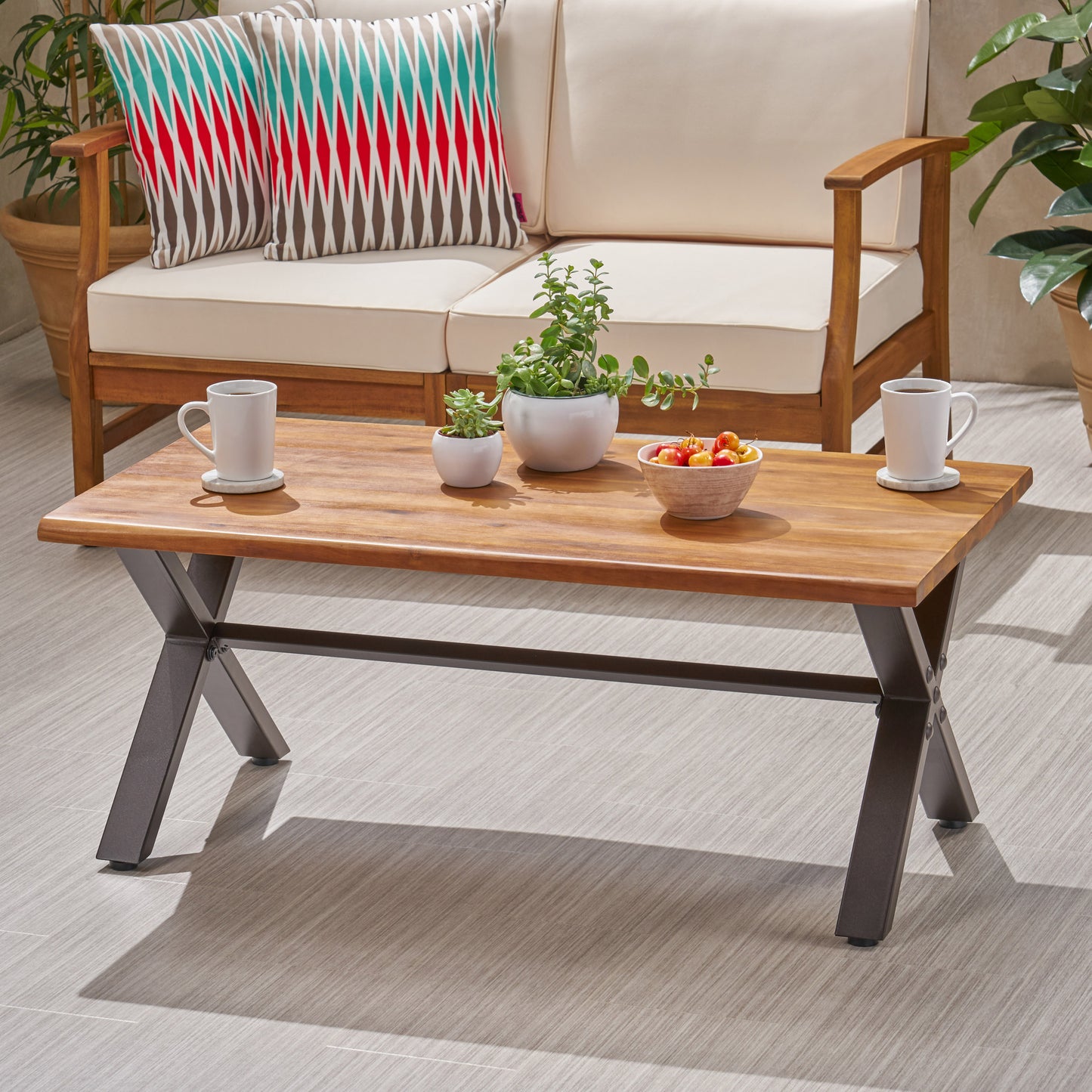 Outdoor Acacia Wood Coffee Table, Teak Finish Rustic Metal,Black And