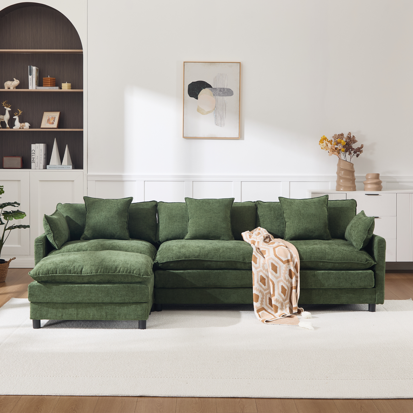 108" L-Shaped Modern Chenille Sectional Sofa with Ottoman - Green