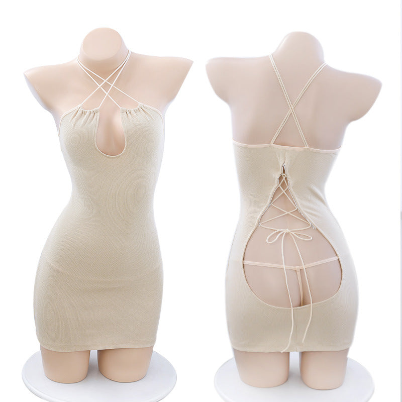 Backless Cross Tie Dress & Lingerie Set for Women - Black, One Size