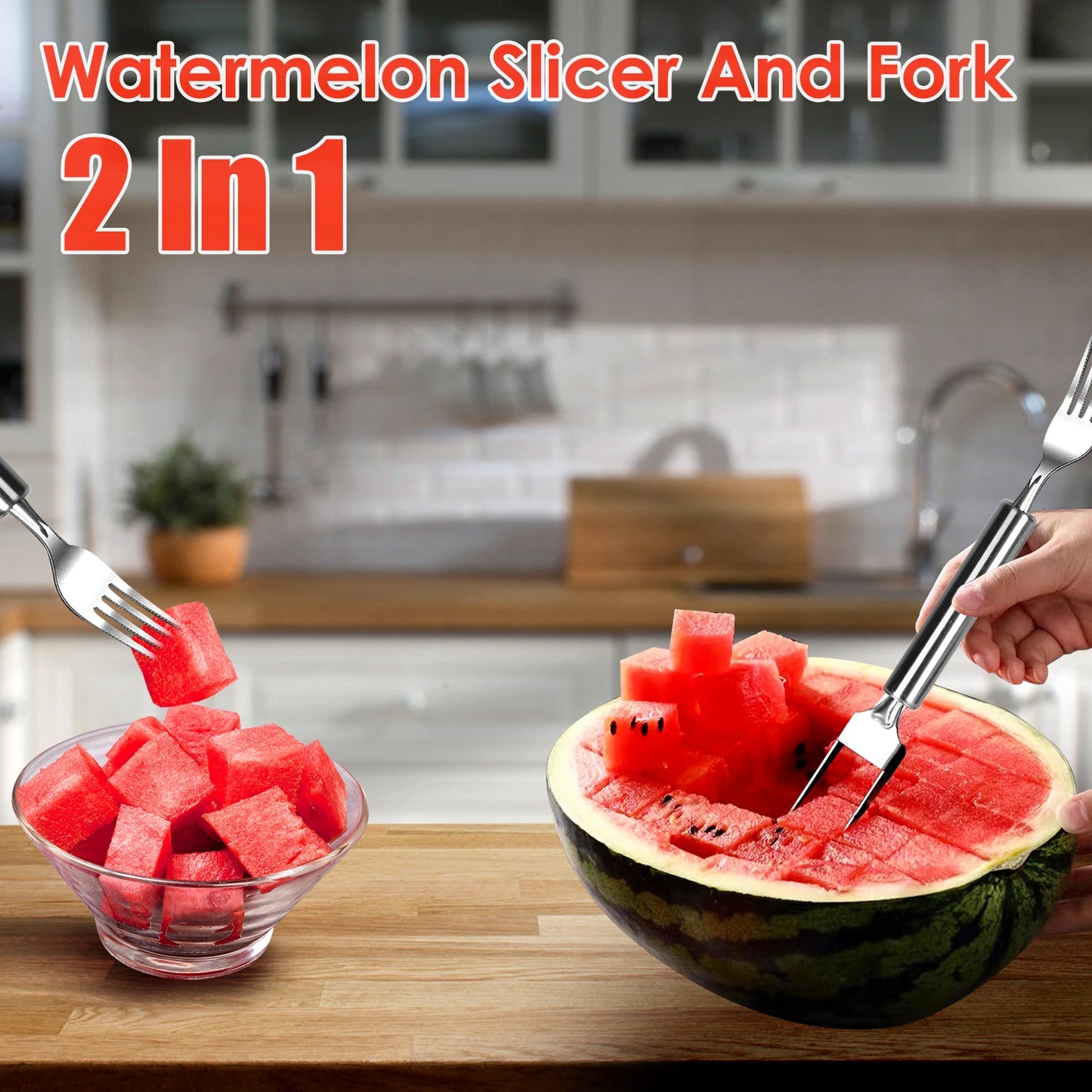2-in-1 Watermelon Cutter Slicer Fork - 5 Pcs Stainless Steel Set