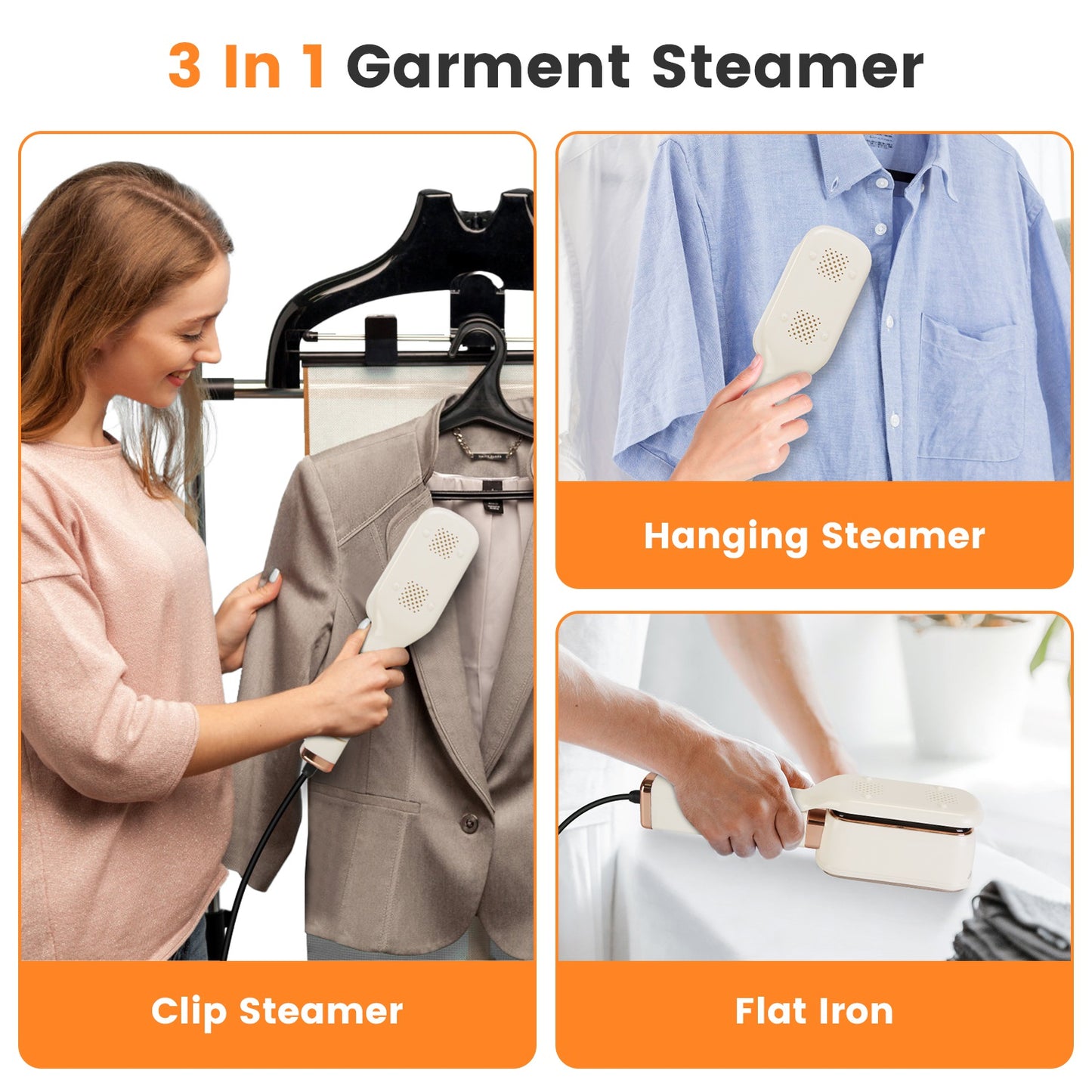 3-in-1 Travel Garment Steamer with Flip Head & Dry/Wet Ironing - 1000W Portable Iron for Clothes