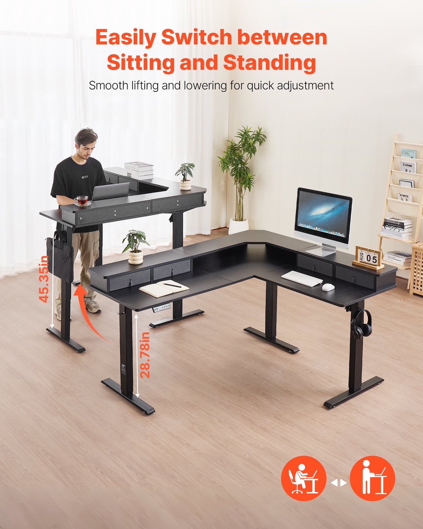 Electric Adjustable Height L-Shaped Corner Desk with Drawers - Black