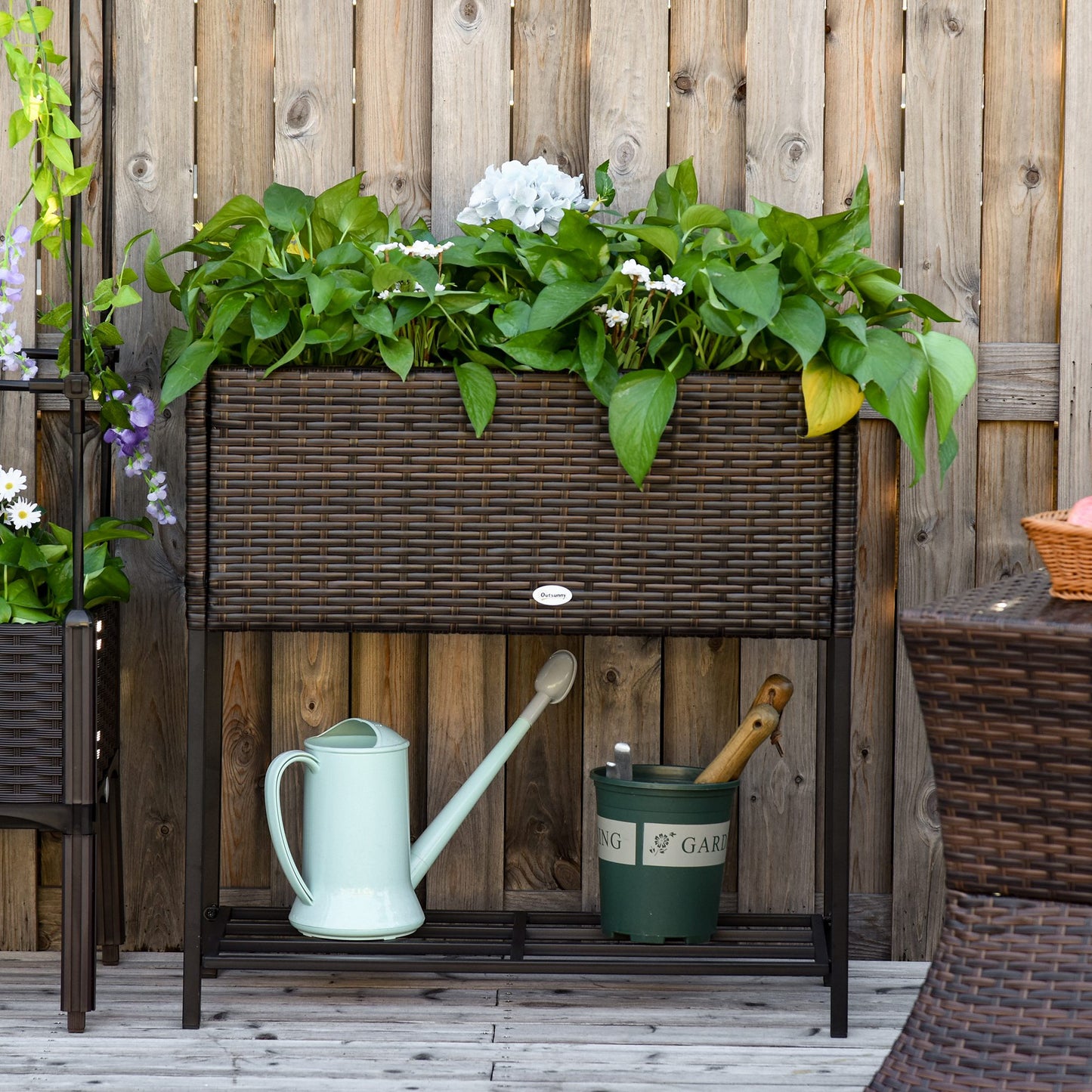 Raised Garden Bed with Rattan Wicker Look and Tool Storage Shelf - Portable Herb and Vegetable Planter