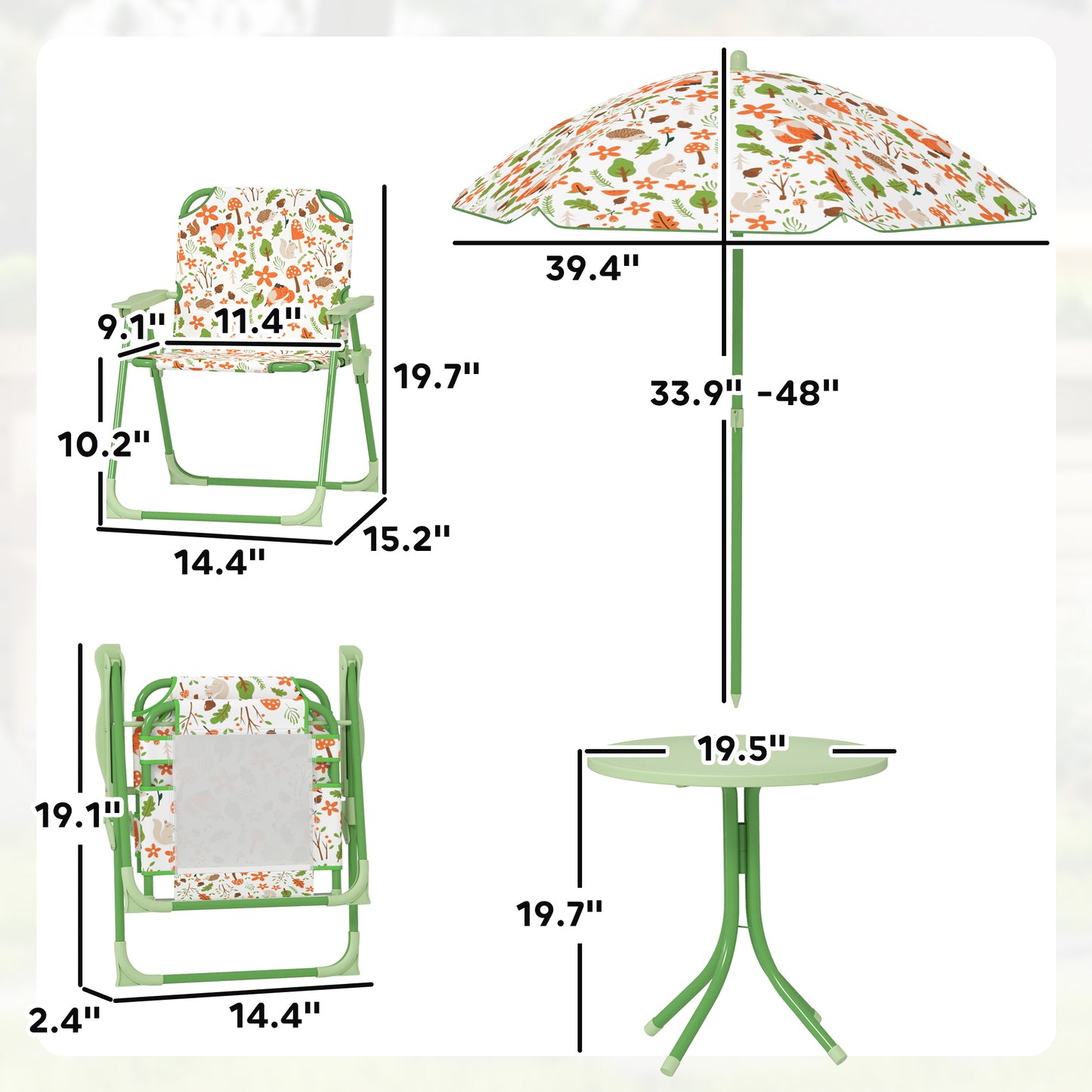 Kids Picnic Table and Chair Set with Umbrella - Green