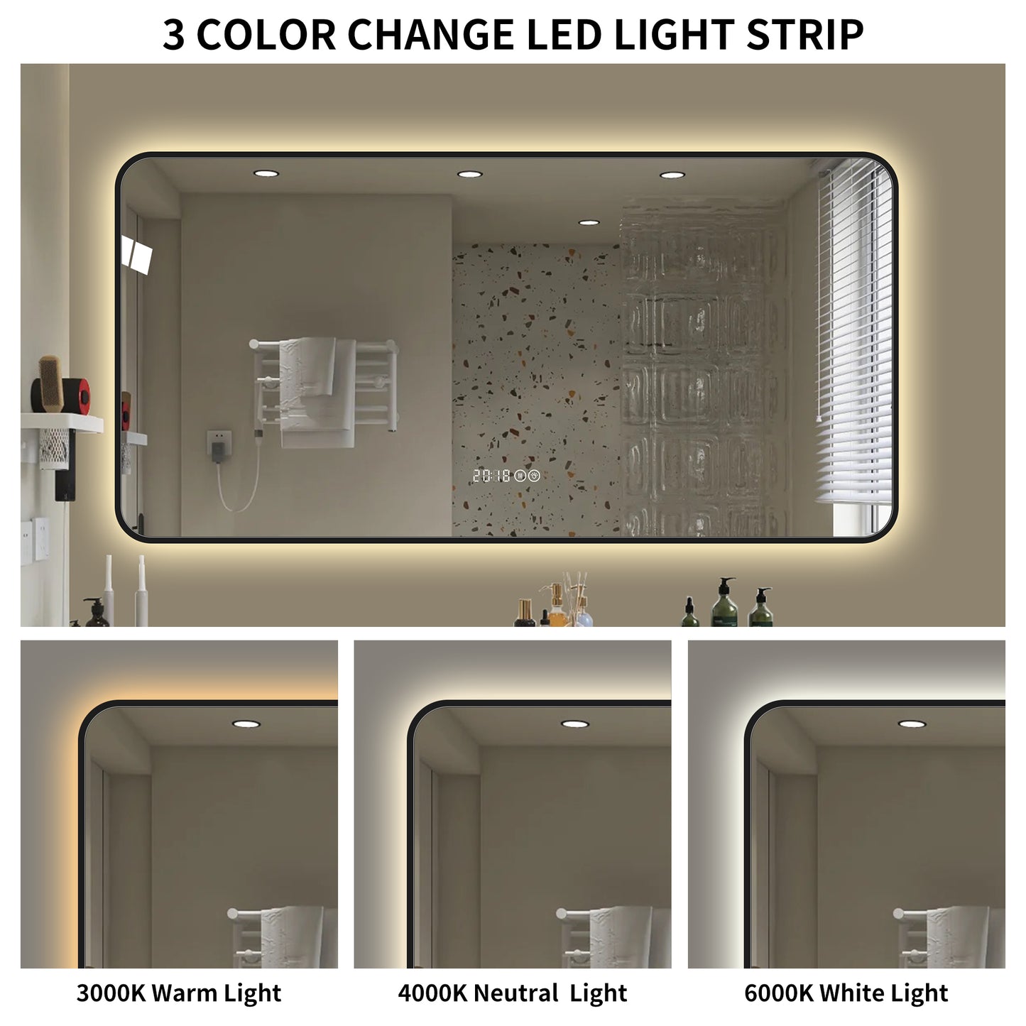 29x39 Black Frame Wall Mirror with Tri Color Light & Temperature Display