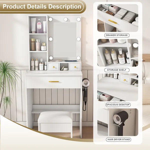 Compact Vanity Table with Mirror & LED Lights - White