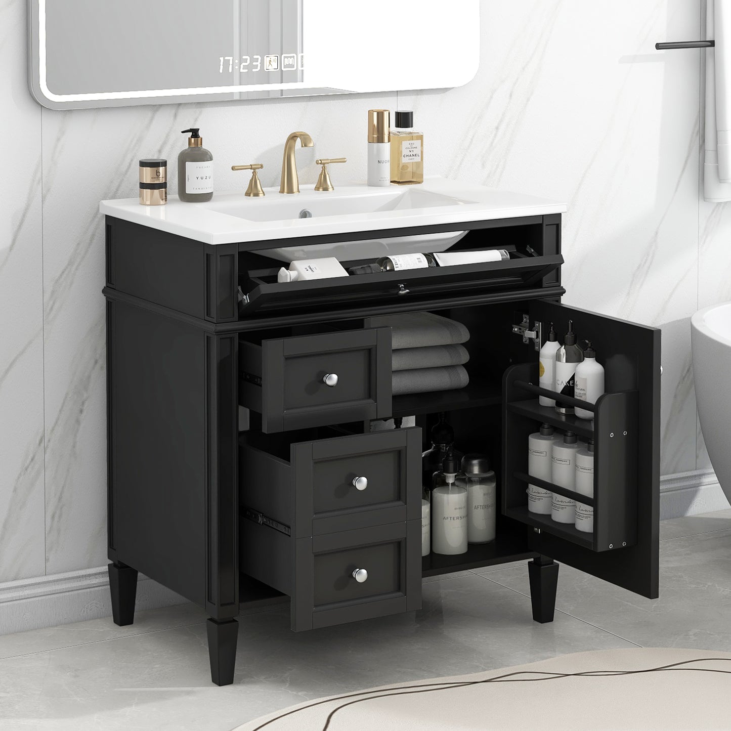 30'' Modern Bathroom Vanity with Ceramic Sink and Storage - Black