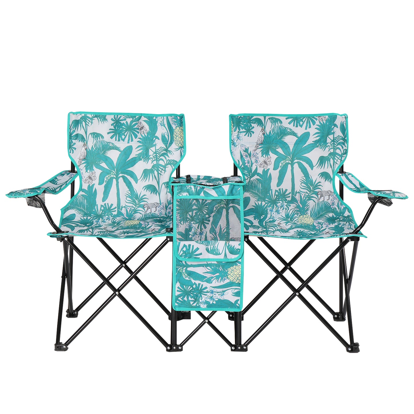 Portable 2-Seat Folding Fishing Chair with Umbrella - Pineapple Pattern