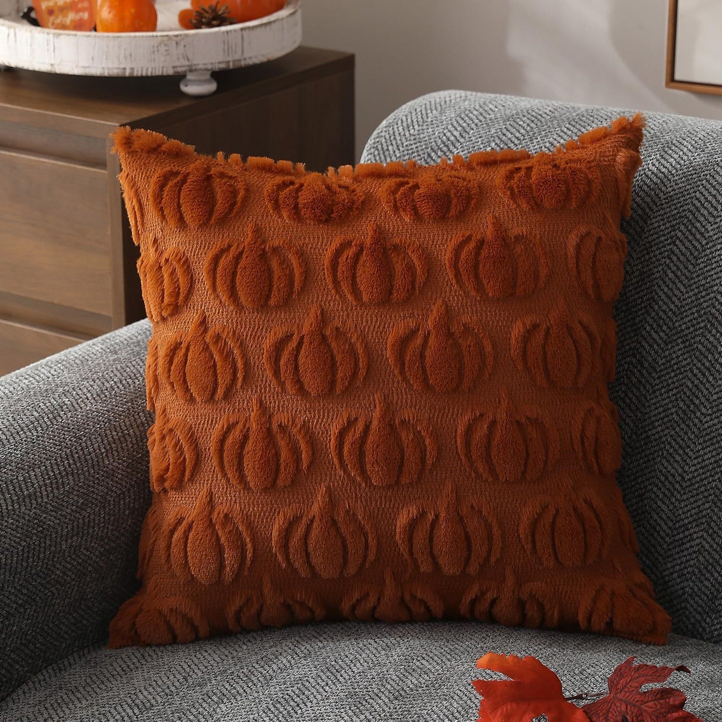 Luxury Pumpkin Embroidered Pillowcase for Home Decor - 45x45cm, Caramel & Orange