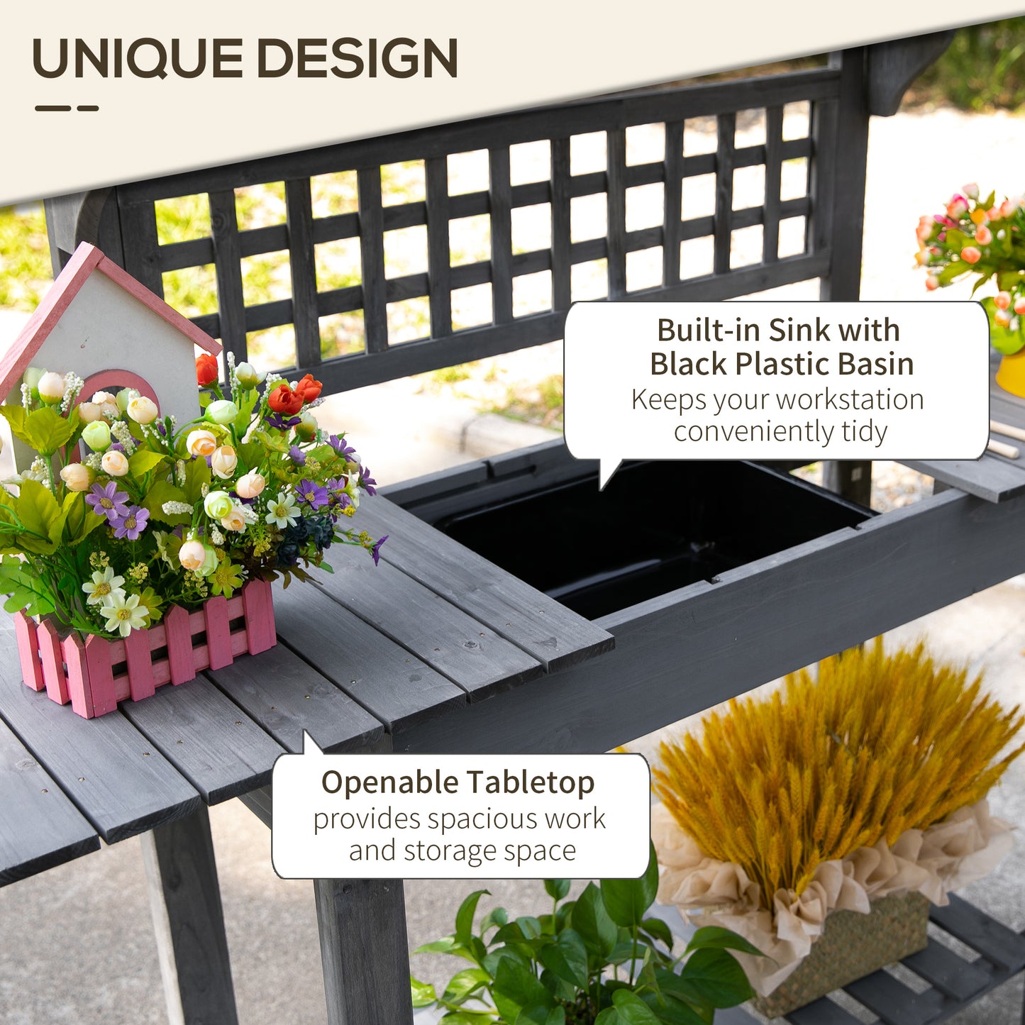 Wooden Garden Potting Bench Work Table with Hidden Storage and Sliding Top - Gray