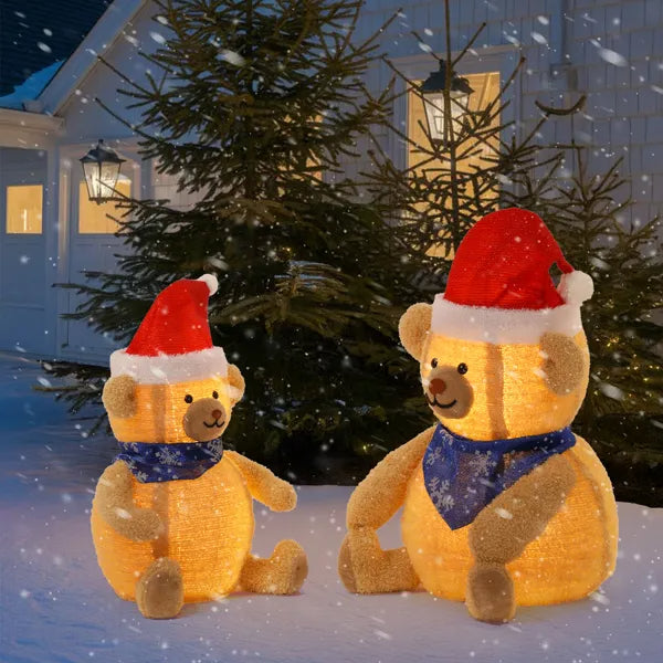 Set of 2 Lighted Plush Bear Christmas Decorations with 60 LED Lights