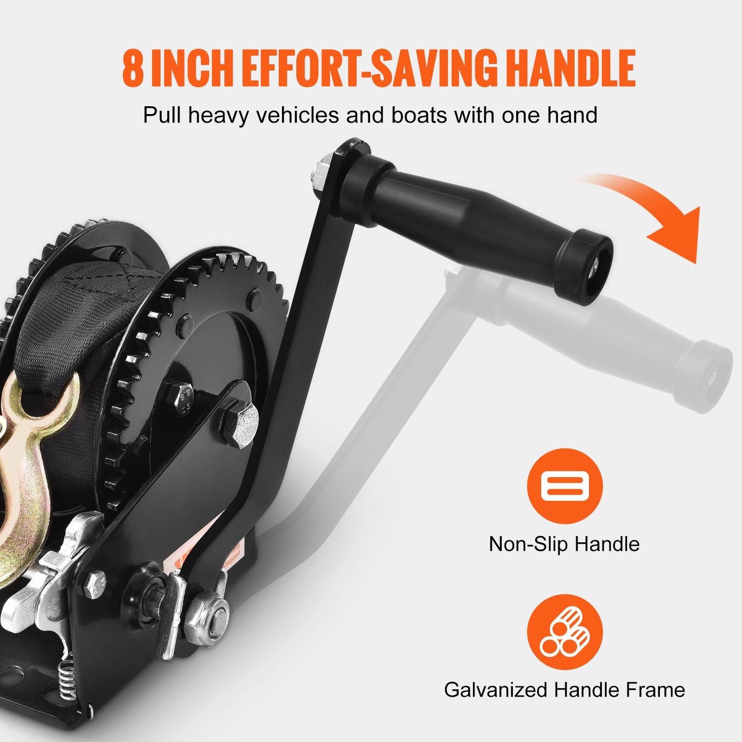 Heavy Duty Hand Winch 2000Lbs Pulling Capacity with 23ft Polyester Strap - Black