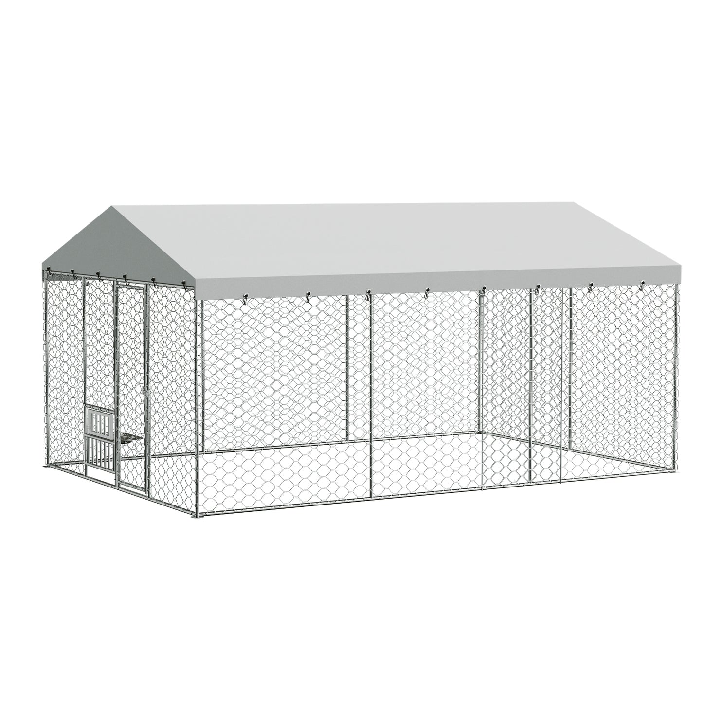 Large Outdoor Dog Kennel with Canopy, Galvanized Steel Frame, Waterproof Cover & Elevated Feeders