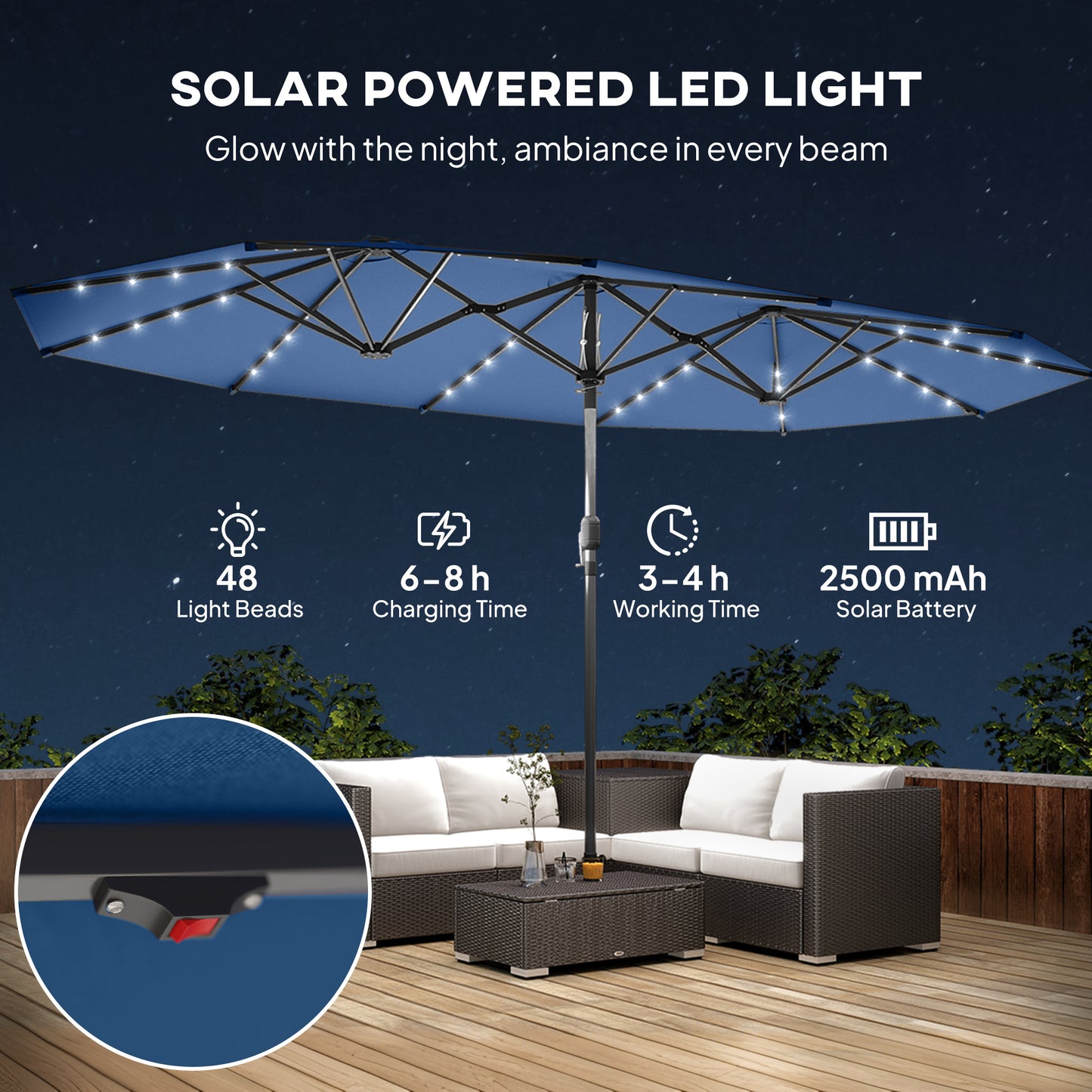 Double-Sided Garden Parasol with LED Solar Lights - Blue